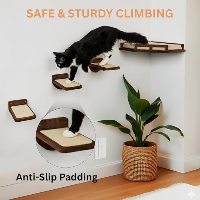 INICIO Cat Wall Shelves - Safe and Sturdy Cat Wall Furniture - Stylish Natural Wood Corner Shelf with 3 Steps for Cats up to 15lbs - Cushioned Perch and Stairs for Climbing and Playing - Dark Brown