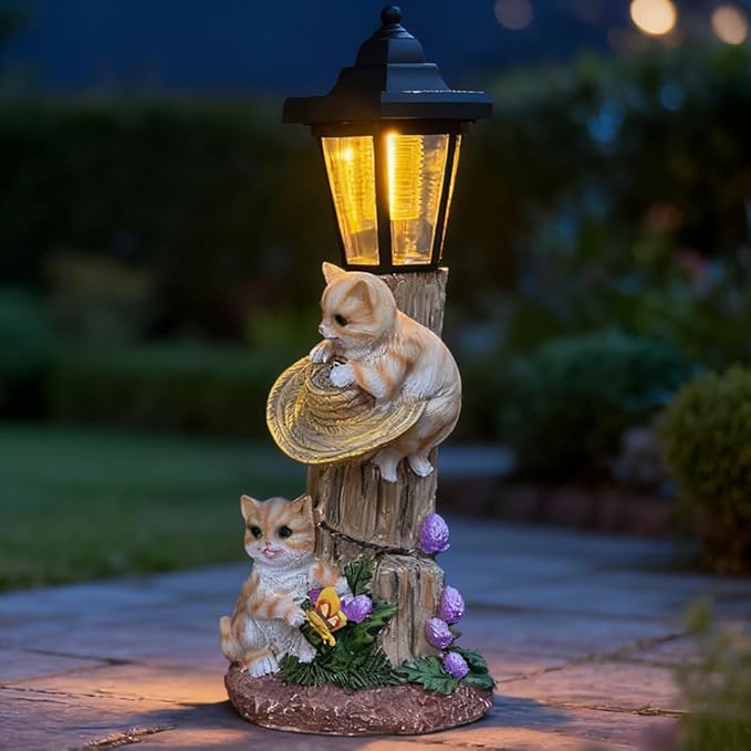 Solar Cat Outdoor Statue, Garden Statue with Lantern Decor, for Patio, Backyard, Lawn Ornament - Unique Warm-Hearted Gift for Women, Moms, Grandmas