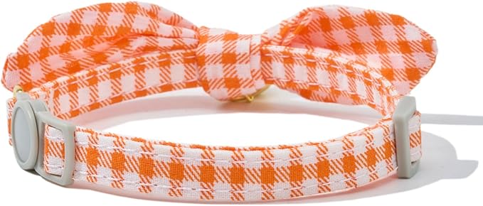 2 Pack Cotton Cat Collar, Removable Bowtie, Floral Pattern, Safety Breakaway Clasp, Adjustable for Cats.(Adult Cat, Orange Plaid and Floral)