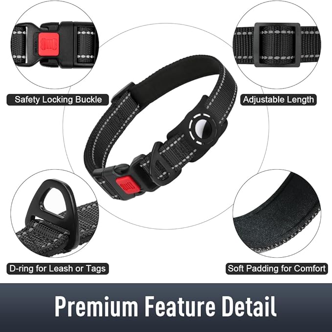 Airtag Dog Collar with AirTag Holder for Small Dogs, Reflective, Soft Padded & Safety Locking Buckle, Nylon Pet Collars Adjustable for All Breeds, Black,S