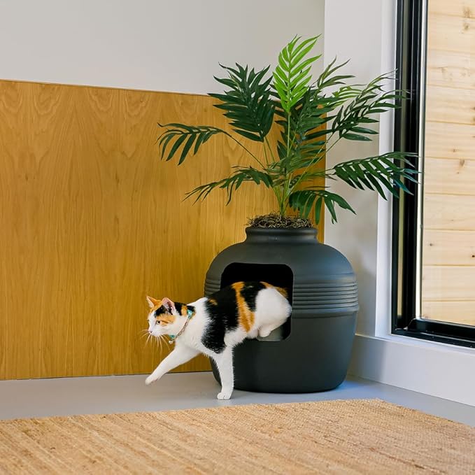 Good Pet Stuff Hidden Litter Box Planter, Decorative Cat Litter Enclosure with Carbon Filter, Artificial Plant, Easy Clean, Improved Design, Round Style, Base Kit, Matte Black