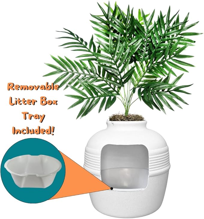 Good Pet Stuff Hidden Litter Box Planter, Decorative Cat Litter Enclosure with Carbon Filter, Artificial Plant, Easy Clean, Indoor Design, Original Round Style, Essentials Kit, White Birch