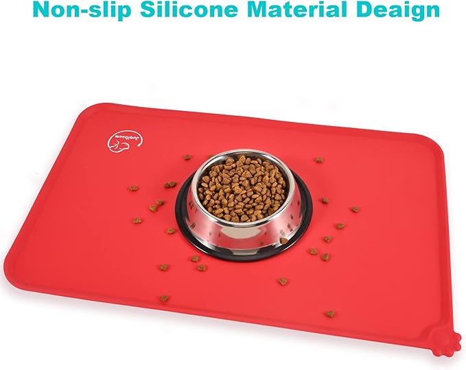 Silicone Waterproof Dog Cat Pet Feeding Mats, Non Slip, Easy Clean Pet Dog Cat Bowl Mats Placemat (18.5" x 11.5") Red