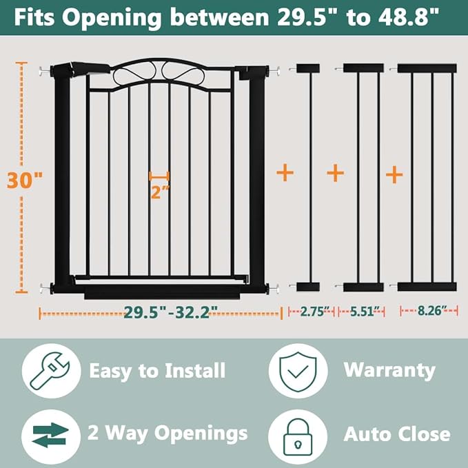 Fairy Baby 29.5"-48.8" Extra Wide Baby Gate for Stairs, Pressure Mounted Easy Walk Thru Pet Gate, Metal Safety Child Gate No Drill, Auto Close Long Dog Gates for The House Doorways, Black