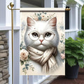 Cat Garden Flag 12x18 Inch Double Sided Outdoor Yard Banner White Cat with Glasses and Scarf Floral Design for Spring Summer Patio Porch Lawn Decoration