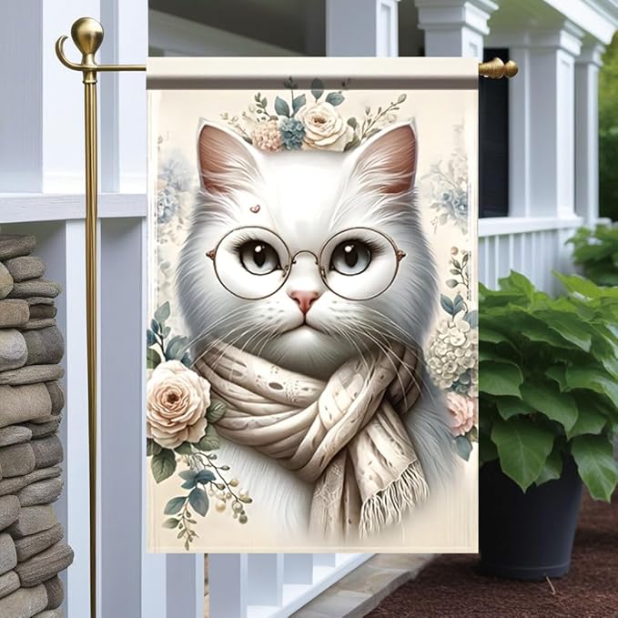 Cat Garden Flag 12x18 Inch Double Sided Outdoor Yard Banner White Cat with Glasses and Scarf Floral Design for Spring Summer Patio Porch Lawn Decoration