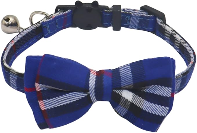 THAIN Cat Collar Breakaway with Bell and Bow Tie Safety Buckle Blue Plaid Pattern Adjustable 7-11 inches for Kitten Cats(Blue Plaid)