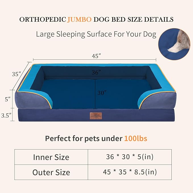 Comfort Expression Orthopedic Dog Bed for Extra Large Dogs 45x35 Inch, Waterproof Egg Crate Foam XL Pet Bed with Removable Bolsters, Dog Couch with Washable Cover & Non-Slip Bottom, Hidden Bay