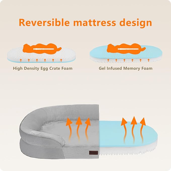 Dwanton Orthopedic Dog Bed for Medium Dogs with Gel Memory Foam, Waterproof Dog Sofa, Washable Pet Bed with Four Sided Bolster Cushion, Removable Cover & Non-Slip Bottom, 35", Light Gray
