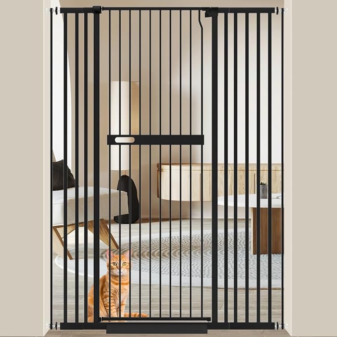 WAOWAO 71" Extra Tall Cat Pet Gate 29.92-45.66" Wide Pressure Mounted Walk Through Swing Auto Close Safety Black Metal Dog Pet Puppy Cat for Indoor Stairs,Doorways