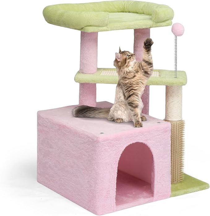 VINGLI Cat Tree, 27 inch Small Cat Tower with Scratching Post and Pad, Cat Condo for Indoor Kittens Padded Top Bed, Cats Indoor Activity Center (Pink & Green)