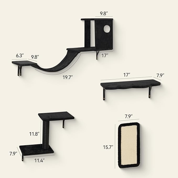 6-in-1 Cat Wall Shelves, Wall-Mounted Cat Furniture for Indoor Kittens, Modern Floating Shelves with Scratching Posts, Bed, Perch, Bridge, Condo, Steps and Scratcher, Space-Saving Gym, Black