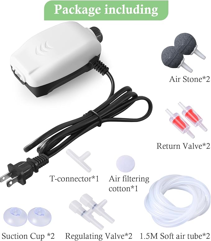 HITOP 2W Nano Whisper Aquarium Air Pump, 57GPH Adjustable Dual Outlet Fish Tank Oxygen Pump, Aquarium Aerator for 1-50 Gallon Fish Tanks