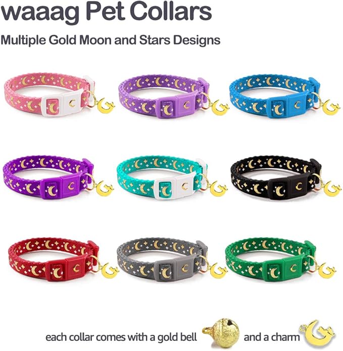 waaag Cat Collars, Gold Moons and Stars Cat Collar, Safety Breakaway Cat Collar, Glow in The Dark (Kitten 6.5"-10" Neck, Black)