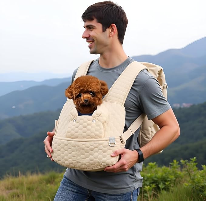 Dog Backpack Carrier for Small Dogs, Cat Carrier Sling, Front Facing Pets Chest, Adjustable Straps & Safety Lock, Hands-Free Dog Carrier, Gifts for Hiking, Biking & Daily, Fit 5-15 Lbs (Beige)
