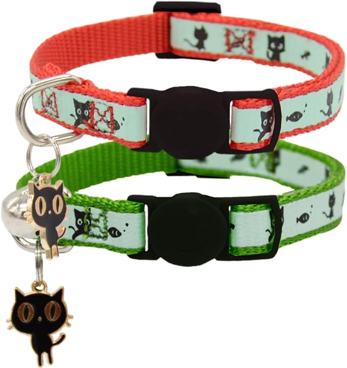 2 Pack Glow in The Dark Cat Collar with Bell Breakaway Safety Cat Puppy Collars with Pendant Red and Green