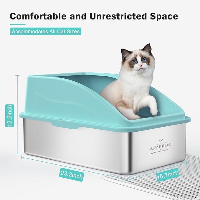 Stainless Steel Litter Box | XL Enclosed Cat Litter Boxs with Lid for Big Cats | High Sided, Anti-Urine Leakage | Non-Stick Bottom & Includes Litter Mat & Metal Scoop (Turquoise, X-Large)
