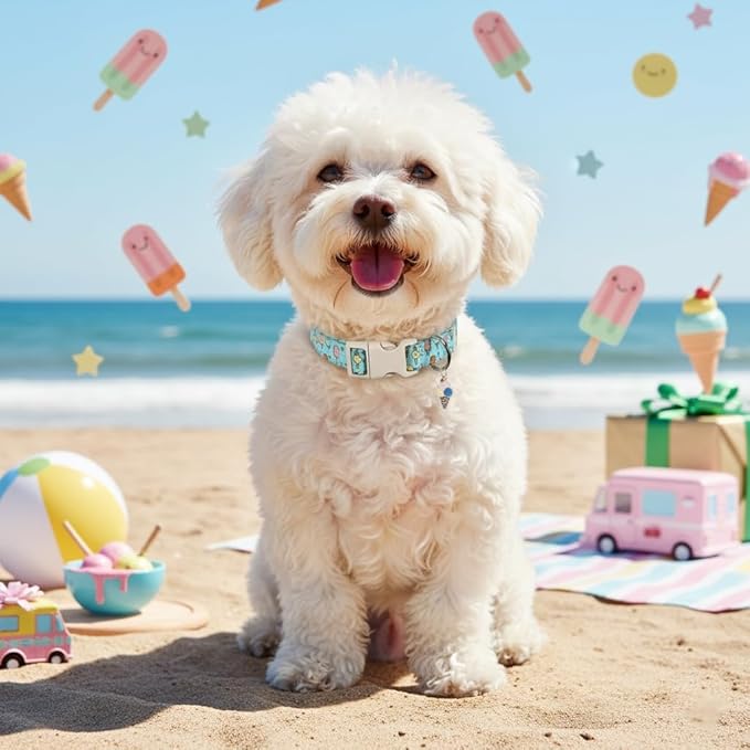 Small Dog Collar, Cute Dog Collar with Ice Cream Print and Charm for Girls Boys Dogs, Adjustable Blue Pet Collar for Small Dogs, Spring Summer Design Collar, S