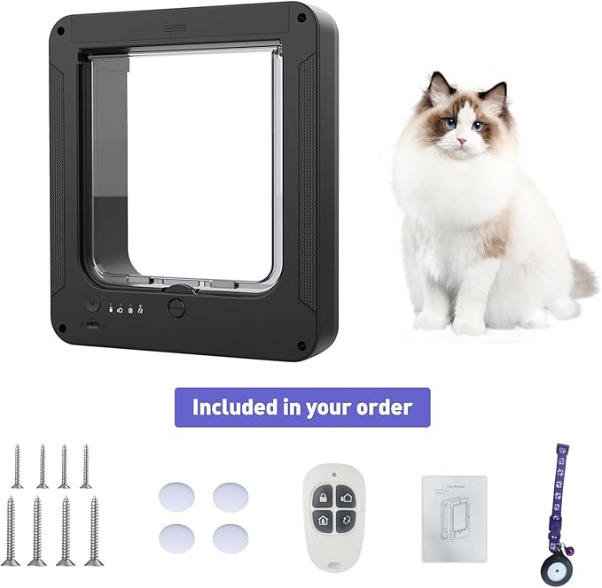Smart Cat Door for Interior & Exterior Doors, Inter Frame Size 8.34" x 7.83", Microchip Kitten Door with 3 RFID Collar Sensor Keys, Electronic Activated Opening Pets Cats Flap for Windows, Walls