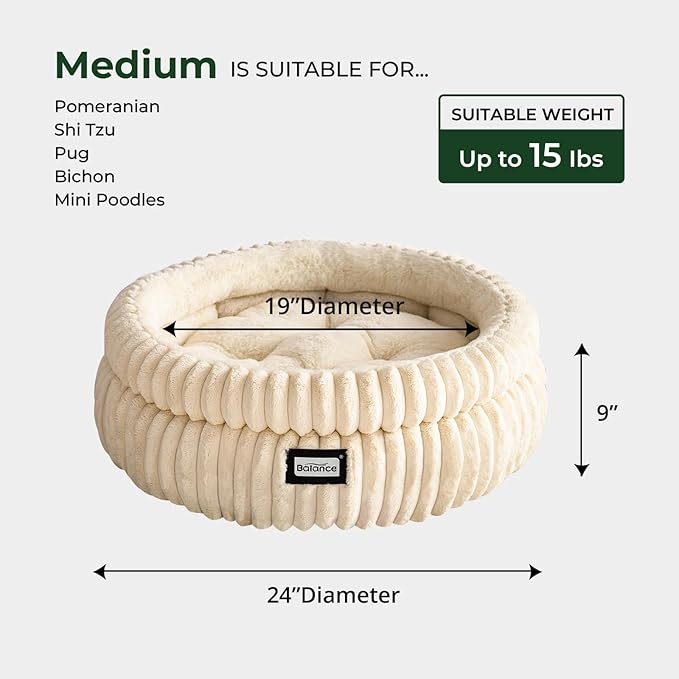 BALANCE Cat Bed Kitten Bed, Washable Round Cat Beds for Indoor Cats,Super Soft Plush Faux Fur Pet Bed for Puppy and Kitten with Anti-Slip Bottom