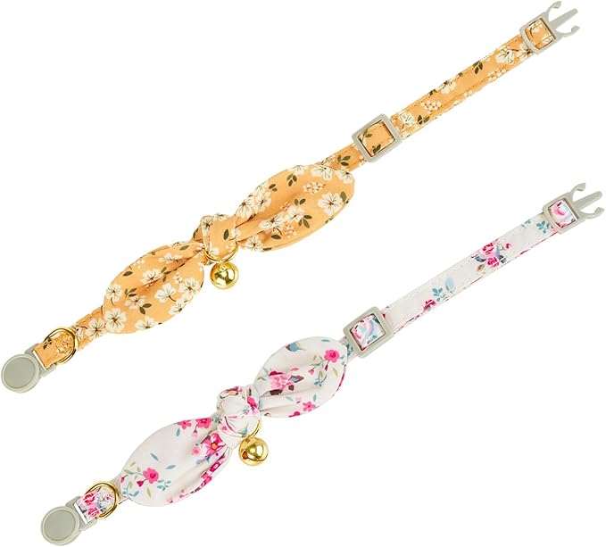 Bowtie Cat Collar with Bell, 2 Pack Cotton Breakaway Kitten Collars with Removeable Bow Girl Cat Collars, Floral Yellow & Beige