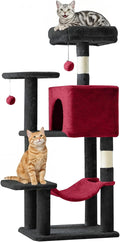 DUMOS Small 44 Inch Cat Tree Tower, Cat Climbing Tower with Natural Sisal Scratching Posts, Hammock, Pet Condo for Indoor Cats and Kittens Play, Black and Red