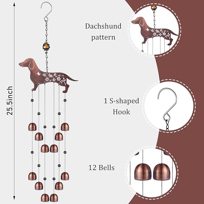 24 Inch Metal Wind Chimes Decor for Outside Garden Birthday Gift for Women Men Bronze Windchimes Pet Memorial Gift with 12 Bell for Patio Yard Lawn Housewarming Front Yard(Dachshund Dog)