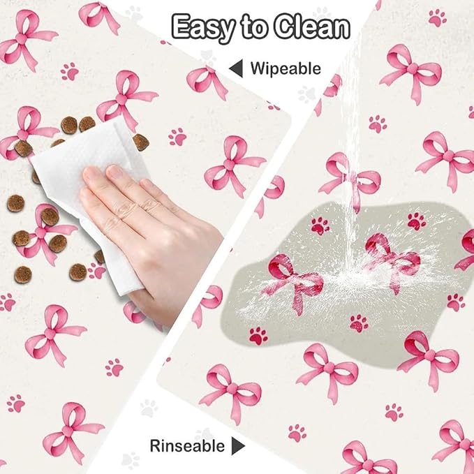 Pink Bow Dog Food Mat for Pet Cat Food Mat, Paws Absorbent Quick Dry Dog Bowl Mats for Food and Water, Non-Slip Cat Pet Feeding Mats for Floor Placemats 12"x20"