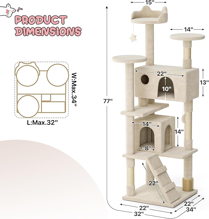 MoNiBloom 77 Inch Cat Tree Tower for Indoor Cats Large Adults, Tall Cat Tower with Scratching Post, Multi-Level Furniture Activity Center with Cat Condo Pet Play House, Beige