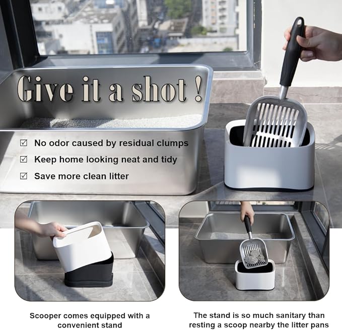 Heavy Duty Cat Litter Scoop with Holder - All Metal Cat Litter Scooper with Holder - Speed Sifter Litter Box Scooper Captures All Clumps - Aluminum Cats Litter Scooper