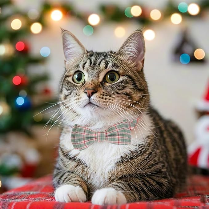 2 Pack Soft Cotton Cat Collars with Bowtie and Bell Breakaway Plaid Cat Kitten Collar(Red and Green)