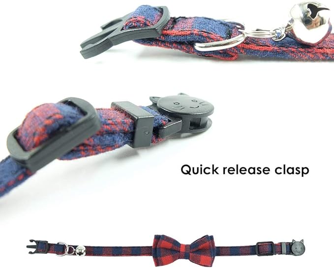 Cat Collar Breakaway with Bell and Bow Tie, Plaid Design Adjustable Safety Kitty Kitten Collars(6.8-10.8in) (Red Plaid 2)