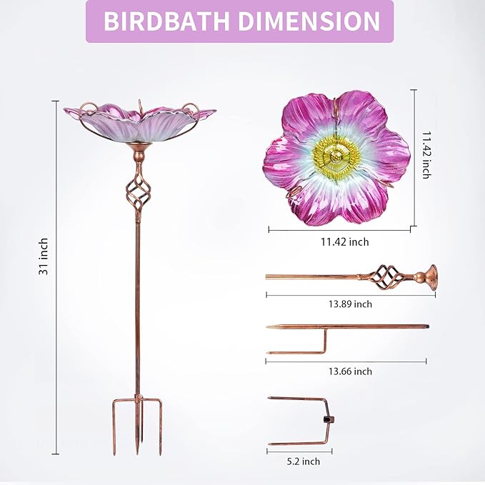 MUMTOP 31 Inch Height Glass Birdbath Birdfeeder with Metal Stake Garden Yard Outdoor Pink