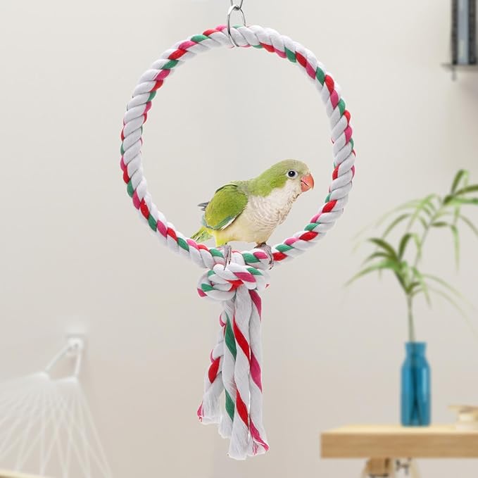 Bird Rope Swing Toy Parrot Climbing Perch Stand for Cockatiel Conure Cockatoo Parakeet Cage Hanging Decor (A: Round)