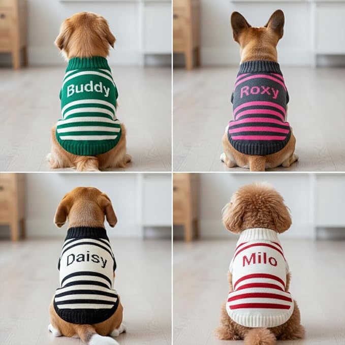 Custom Knit Sweater fr Dogs and Cats Personalized Knit Name Classic Striped Style Soft Knit Pet Clothing Winter Holiday Idea for Pet Lover