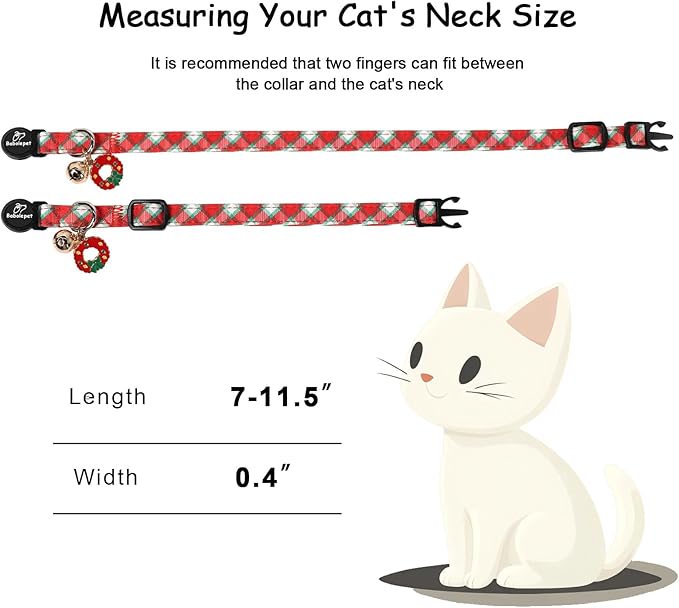 2 Pack Christmas Cat Collars - Breakaway Cat Collar with Bell, Christmas Wreath and Tree Pendant, Winter Adjustable Kitten Collars for Girl Boy Cats, Pink&Plaid