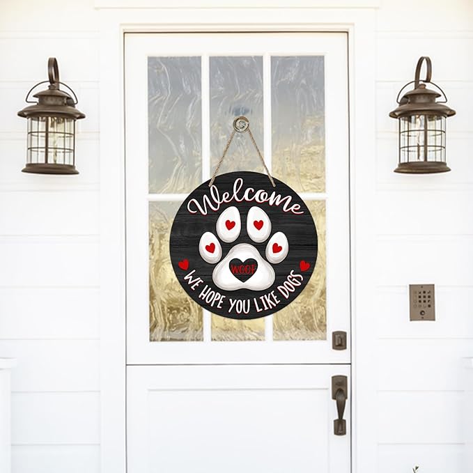Deroro Welcome We Hope You Like Dogs Front Door Sign, Dog Cat Paw Print Black Farm Wood Door Hanger Outdoor Porch Decor, Woof Farmhouse Wooden Wreath Indoor Wall Hanging Decoration Dog Lover Gifts