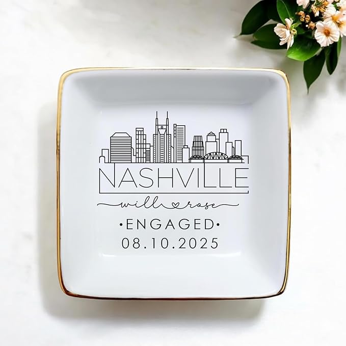 Custom City Skyline Engaged Ring Dish, Engagement Ring Holder, Custom Wedding Jewelry Dish, Jewelry Tray Gifts for Newly Engaged Couple, Trinket Dish Gift for Her Bride Wife