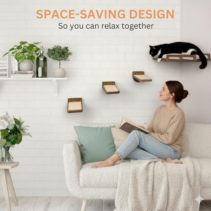 INICIO Cat Wall Shelves - Safe and Sturdy Cat Wall Furniture - Stylish Natural Wood Corner Shelf with 3 Steps for Cats up to 15lbs - Cushioned Perch and Stairs for Climbing and Playing - Dark Brown