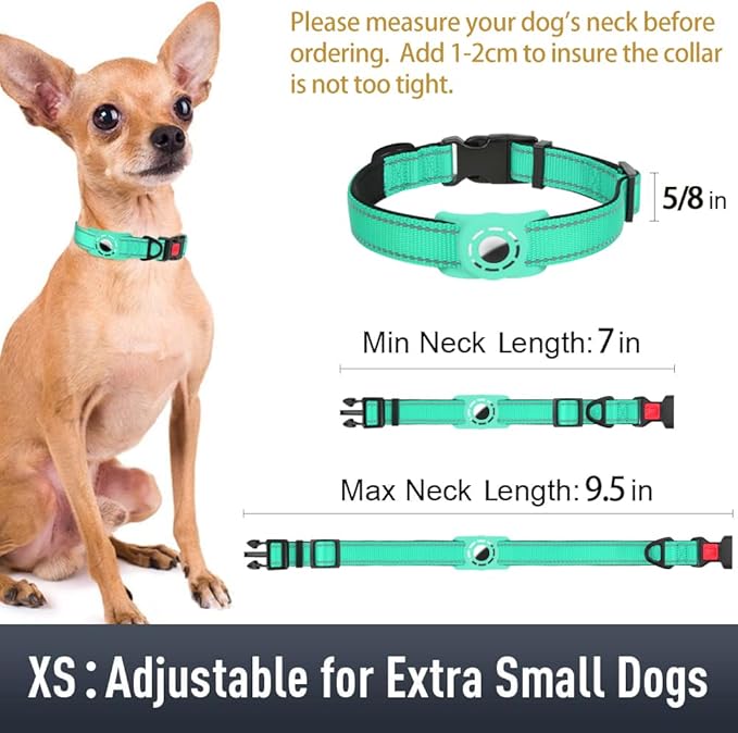 Airtag Dog Collar with AirTag Holder for Puppy Small Dogs, Reflective, Soft Padded & Safety Locking Buckle, Nylon Pet Collars Adjustable for All Breeds, Teal,XS