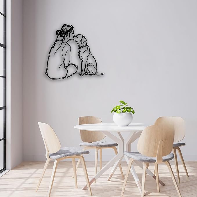 Woman Dog Metal Wall Decor - Pet Lover Room Decor Wall Art Home Decor for Living Room, Bedroom, Dining Room, Bathroom, Office, Pet Shop (Black)