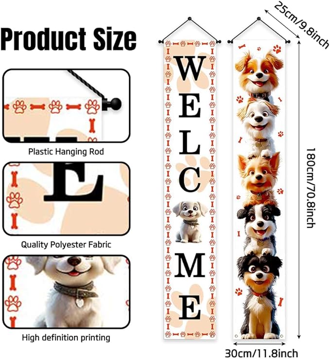 Aperturee Happy Dog Day Porch Banner, 12x72 Inch, Dog Paw Print Design with Cute Puppy Image, Welcome Sign for Pet Lovers, Outdoor Pet Decor, Funny Pet Lover Gift, Weather-Resistant Yard Sign for Porch