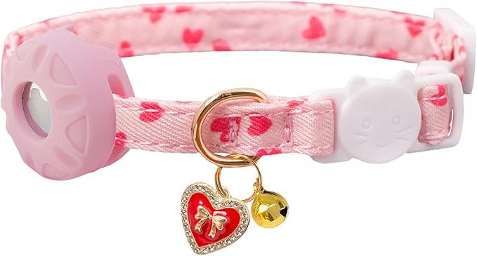 Breakaway Cat Collar with Airtag Holder,Kitten Collar with Apple Air Tag Holder and Bell for Girl Boy Cats, 0.4 Inches in Width and Lightweight. (Pink Heart)