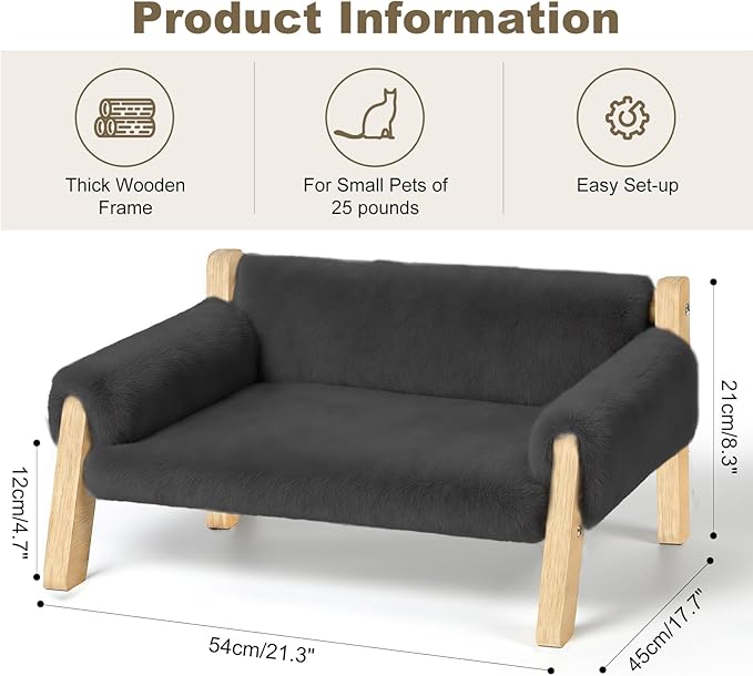 Elevated Cat Couch Bed for Indoor Cats - Wooden Pet Sofa with Removable Washable Thick Cover Raised Kitty Lounge Chair Suitable for Puppy or Small Animals(Cat Sofa Grey)