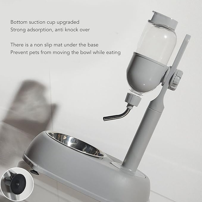 Pet Standing Water Dispenser, Multifunctional 2 in 1 Detachable Height Adjustable Pet Puppy Dog Kitten Bowl 500ml, Automatic Standing Water Feeder for Puppy Dwarf Dog Cat,Grey