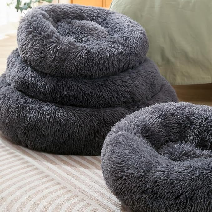 Donut Dog Bed Cat Bed Fluffy Calming Pet Bed Dog Round Bed Cat Round Bed Warm Kitten Nest Ideal for 3Kg Pet, Small, Dark Light