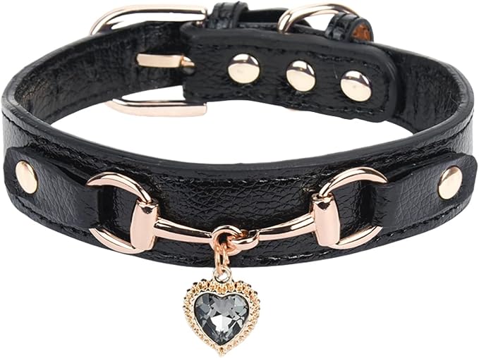 THAIN Fashion Dog Collar with Bling Diamonds & Heart Charm – 5 Holes Adjustable PU Leather Rhinestones Necklace Collar, Gold Buckle for Small Medium Dogs Girl boy (Black, S)