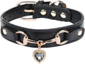 THAIN Fashion Dog Collar with Bling Diamonds & Heart Charm – 5 Holes Adjustable PU Leather Rhinestones Necklace Collar, Gold Buckle for Small Medium Dogs Girl boy (Black, S)