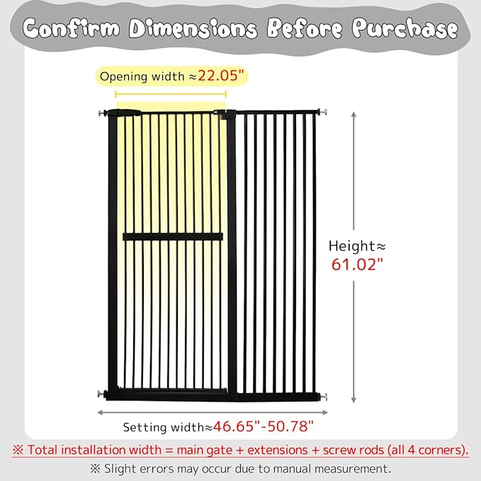 Lumizone Extra Tall Cat Gate 61.02" High Pressure Mounted Extra Wide 46.65"-50.78" (17Sizes) 1.37" Gap No Drilling Auto-Close Tall Pet Gate for Dogs (Black, 46.65"-50.78" W)
