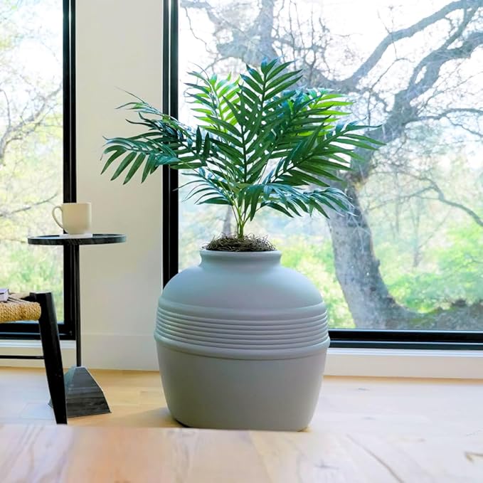 Good Pet Stuff Hidden Litter Box Planter, Decorative Cat Litter Enclosure with Carbon Filter, Artificial Plant, Easy Clean, Removable Liner, Round Style, Essentials Kit, Pebble Gray